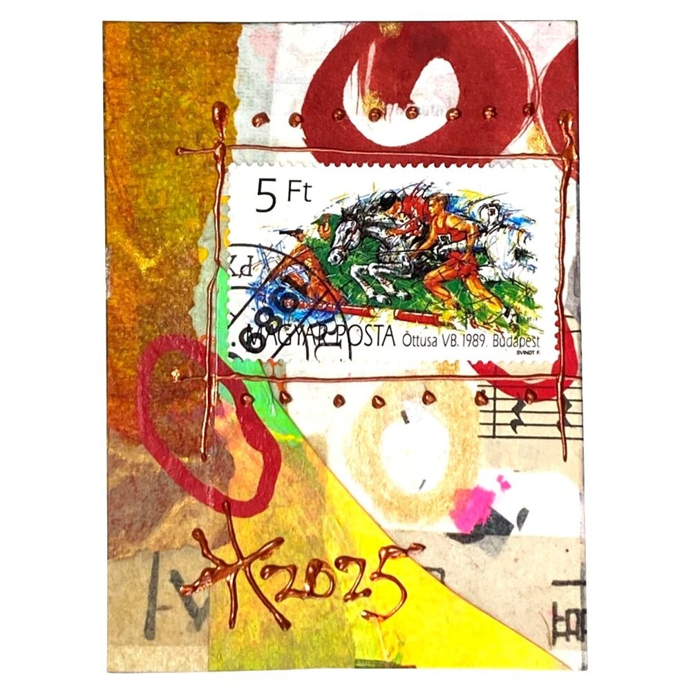 ACEO Original Art Acrylic Collage Mixed Media 3D 1989 Hungary Postage Stamp ATC